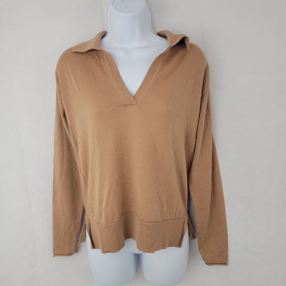 BANANA REPUBLIC Womens Sweater S Merino Wool Johnny Collar Camel Preppy Luxury